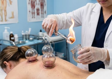 A practitioner performs traditional fire cupping therapy on a patient's back for muscle recovery and wellness.