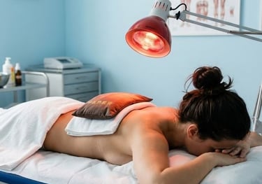 Far-infrared heat and herbal hot pad therapy for muscle relaxation.