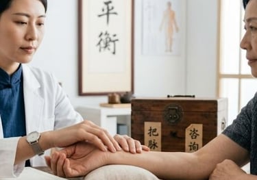 Traditional Chinese Medicine consultation and pulse diagnosis.