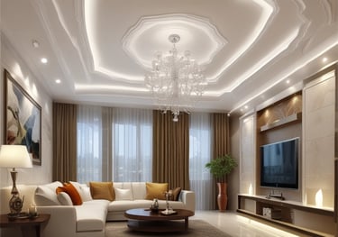 Textured 3D art wall panels illuminated by soft ambient lighting.