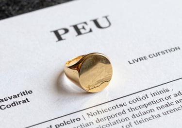 Detailed shot of a legal property title document and a gold signet ring on a dark marble surface, representing legal authority and luxury real estate expertise in Peru.