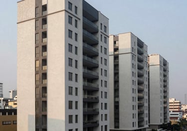 Professional architectural photography of a modern residential complex in San Borja, Lima. Minimalist design, clean lines, and soft morning light. Peruvian urban context.