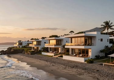 High-end landscape photography of a luxury beachfront property in Mancora, Piura, at sunset. South American coastline, elegant architecture, high-quality lighting.