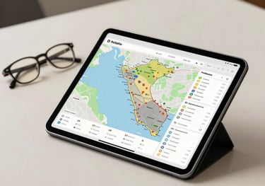 A futuristic and clean minimalist shot of a digital tablet displaying real estate data maps of Peru, next to a pair of glasses on an ivory desk.