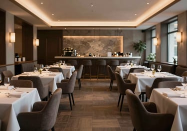 A wide shot of a serene, empty high-end restaurant dining room in Western Europe. The atmosphere is calm, controlled, and perfectly prepared for service.
