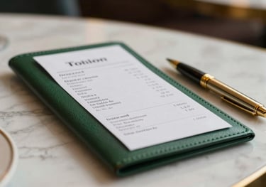 An elegant photo of a receipt resting on a dark green leather folder next to a gold pen on a high-end restaurant table. Soft bokeh background.