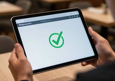 Close-up of a handheld digital tablet showing a verified checkmark on a professional dashboard, held by a person in a smart uniform in a Dutch restaurant setting.