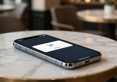 A high-end smartphone on a marble table showing a verification notification. Elegant Western European café setting in the background.