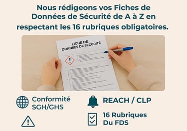 Rédaction de fiches FDS/SDS conformes SGH/GHS et REACH/CLP – Services ADR Maroc.