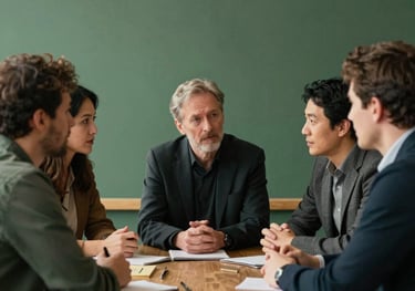 A group of professionals sitting around a table in a warm, enthusiastic discussion, Dutch design aesthetic, warm lighting, deep green and blackish accents.