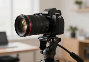 Detailed shot of a professional camera and tripod in a light-filled office, symbolizing social media content creation, with a background of warm white and sand colors.