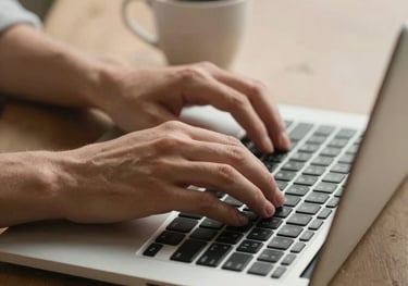 Detailed photography of a person’s hands typing on a laptop next to a cup of coffee on a sand-colored surface, warm lighting, professional but homey Northern European style.