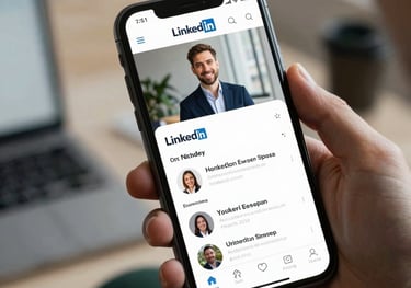 A close-up photograph of a smartphone displaying a professional LinkedIn profile, held by someone in a dark green blazer, soft Northern European office background.