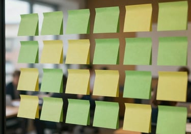 Photography of a brainstorming session with colorful post-it notes on a glass wall, blurry background showing a warm Dutch office interior, medium green and deep gold accents.