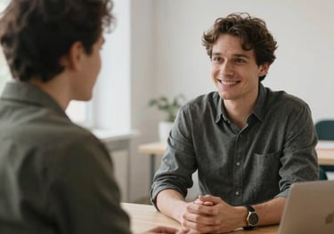 Atmospheric photography of two professionals in a meaningful conversation in a brightly lit, modern Northern European office, warm white walls, friendly and professional mood.