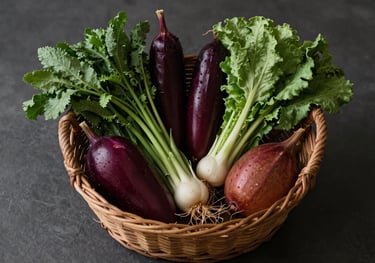 A stylish flat-lay of a Brazilian farmer's market basket with fresh organic produce, shot in a minimalist Scandinavian style, deep carmine red and forest green tones.