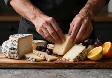 Hands of an artisan arranging a charcuterie board with local South American cheeses and fruits, dramatic professional lighting, sophisticated food styling.