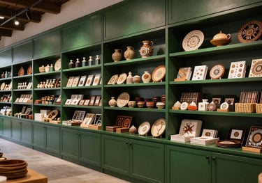 Interior of a modern South American market with artisanal products displayed on dark forest green shelving, elegant and clean architectural lines.