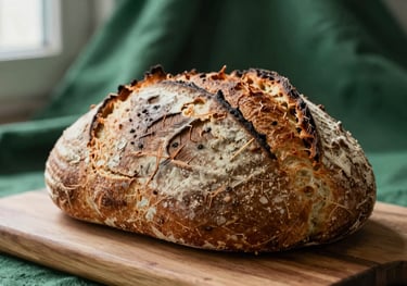 Close-up of a rustic sourdough bread on a wooden board with matte forest green textile background, natural window light, South American bakery setting.