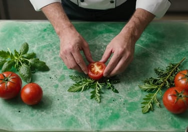 Top-down view of a chef's workstation with fresh herbs and tomatoes on a parchment green surface, clean composition, professional lighting.