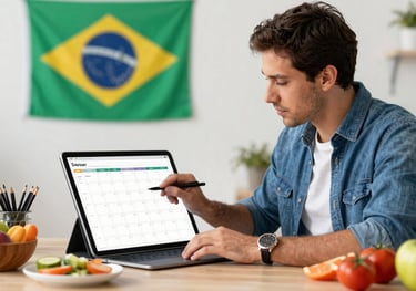 A digital marketing specialist at work in a bright studio, planning a content calendar on a large tablet, surrounded by fresh food props, Brazilian setting.