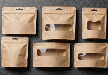 A collection of custom die-cut packaging shapes with unique windows and handles, displayed on a professional slate-colored background to show complexity.