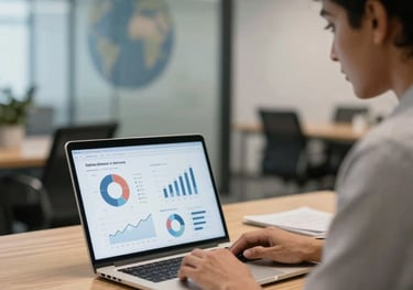 A financial consultant reviewing modern analytics on a laptop screen, clean desk with warm professional desk light, background showing a blurred corporate office in Global (USA, UK, Europe, Gulf) and South Asian style, professional photography.