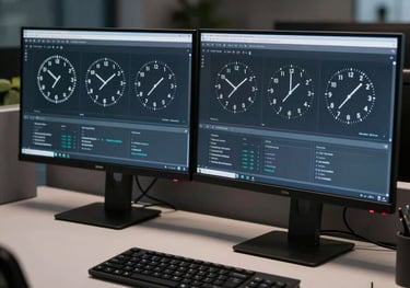 A modern workstation at night, featuring clean dual monitors displaying timezone clocks and system status reports, soft professional glow, corporate-tech style, professional photography.