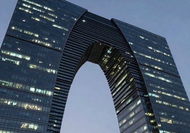 A modern abstract architectural structure bridging two high-rise corporate towers under a dramatic evening sky, sleek steel and glass materials glowing with teal lights, representing global connection and technical infrastructure.