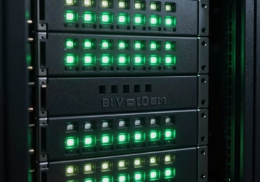 Close-up of a high-tech server rack blinking with clean green and white LED lights, signifying high security, absolute reliability, and fast digital infrastructure, professional technology macro photography.