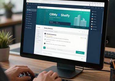 An e-commerce developer configuring CRM and Shopify platforms in a sleek co-working space, showing close-up on hands typing. The screen showcases code and sales analytics in professional lighting with shades of teal and deep blue, set in Global (USA, UK, Europe, Gulf) and South Asian architecture.