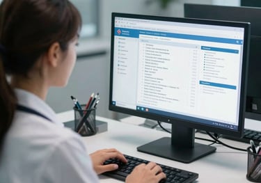 A professional medical billing specialist working diligently in a clean, modern digital office, displaying charts on a computer screen. The lighting is soft clinical blue, demonstrating a corporate-tech environment in Global (USA, UK, Europe, Gulf) and South Asian style.
