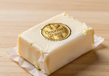 Gourmet grass-fed butter wrapped in wax paper with a gold seal, placed on a light tan wooden surface, high-end culinary photography.