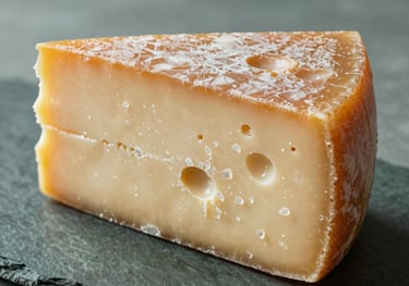 Close-up photography of a block of artisan aged cheddar on a dark sage green stone slab, soft side-lighting highlighting the crystalline texture, North American gourmet style.