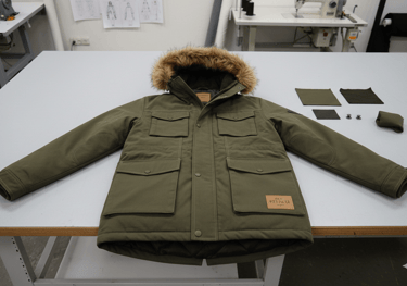 An olive green parka with a faux-fur hood laid flat on a professional cutting table.