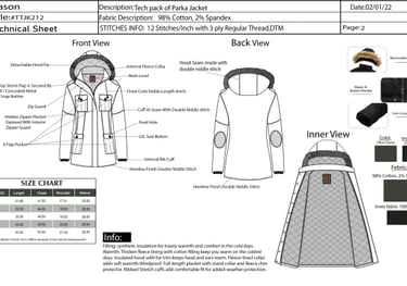 Detailed garment technical sheet showing front, back, and inner views with fabric specifications and