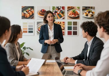A creative meeting showing a mood board with food textures and color palettes in a Portuguese office. Focus on professional collaboration.
