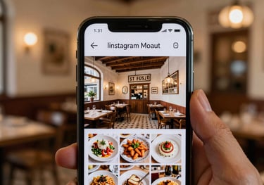 A close-up of a smartphone screen showing an aesthetically pleasing Instagram feed of a Portuguese restaurant. Hand-held, blurred restaurant background.