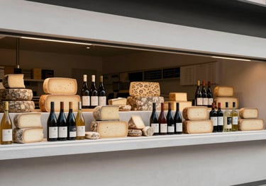 An overhead shot of a modern food market stall in Portugal, minimalist design, clean lines, featuring artisanal cheeses and wines. Style is clean and sophisticated.