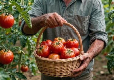 A Portuguese farmer showing a basket of ripe tomatoes in a lush field. Natural lighting, vibrant Matte Forest Green foliage and Deep Ripe Crimson fruits.