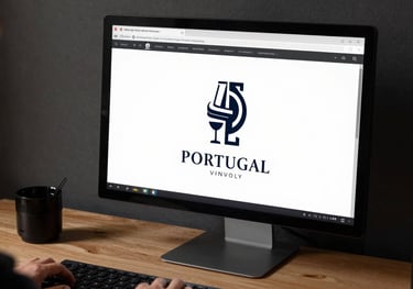 A graphic designer's desk with a professional monitor showing a logo design for a winery. Elegant workspace in Portugal.