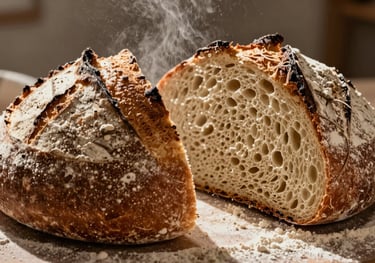 Close-up of a rustic sourdough bread being sliced in a Portuguese bakery. Warm sunlight, flour dust in the air, earthy tones of Deep Brown and Crisp Parchment.
