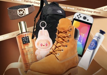 Trending brands sale featuring Timberland boots, Nintendo Switch, North Face backpack, and Michael Kors belt.