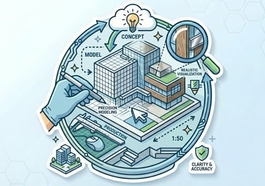 Diagram showing 3D architectural design steps from concept and precision modeling to realistic visualization and production.