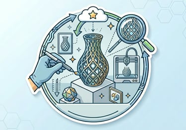Illustration of a 3D printing workflow showing digital design, rapid prototyping, and a finished geometric vase.