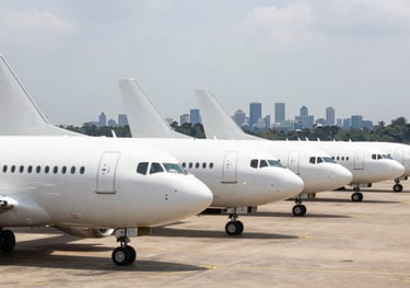 A professional photo of a row of white airplanes parked at Wilson Airport, Nairobi, with the city skyline faintly visible in the distance under a bright sky.