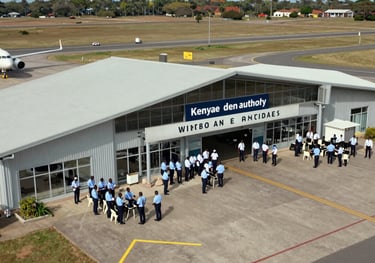 An aerial-style photography shot of the Kenya Airports Authority infrastructure at Wilson Airport, showcasing the professional environment where students receive training.