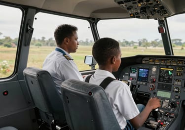 A dynamic shot of a student sitting in a modern cockpit during a facilitated flight experience in Nairobi, East Africa, with a professional pilot instructor nearby. Sharp focus on the controls.