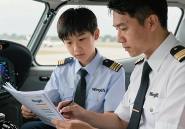 A close-up of a pilot and a student reviewing a flight manual together in an office overlooking Wilson Airport, emphasizing the mentorship aspect of Winglift.