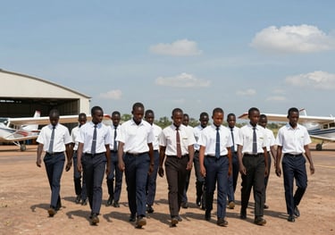 A wide shot of a group of Kenyan students in white shirts and dark trousers walking together across an airfield towards a hangar, with small planes in the background under a sky blue sky.